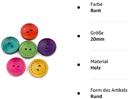 50 Stück kleine Premium Holzknöpfe rund, bunt, in den Größen 10mm, 15mm, 20mm wählbar - Zweilochknöpfe zum basteln zum annähen nähen Kinderknöpfe Kinderkleidung farbige Bastelknöpfe (20mm, bunt)