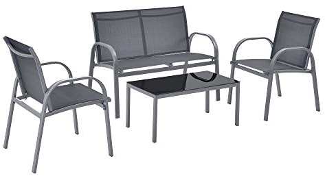 Salon de Jardin Design Table Basse Plateau en Verre Canapé Fauteuils Set de 4 Meubles Extérieurs pour 4 Personnes Acier PVC Polyester Noir Gris Foncé