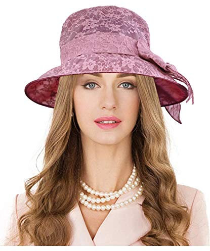 Carnavalife Sombrero de Boda con Flores de Cordón y Lazo Grande para Mujer, Gorro Nupcial para Vestido de Novia, Tocado de Iglesia Derby para Fiesta de Té, Talla única (Lila)