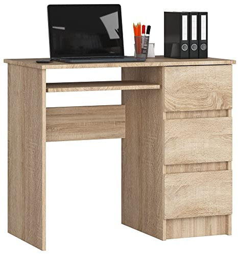 AKORD Bureau Ordinateur A-6 avec Tablette Clavier | L90 x H77 x P50 cm 30 kg | 3 Tiroirs | Petit Bureau de Chambre PC Desk Table