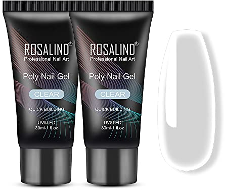 ROSALIND Poly Nail Gel, 2pcs 30ml Transparent Nail Extension Gel, Soak Off UV LED Acrylgel Pour Ongles Réparation et Extension Rapide, DIY Manucure pour Débutant, Professionnel et Salon