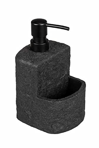WENKO Dispensador de detergente Festival Stone, dosificador de jabón rellenable con aspecto de piedra, poliresina, para cocina, compartimento extra para estropajo, capacidad 380 ml, 10,5 x 18 x 11 cm