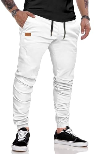 JMIERR Pantalones de Trabajo Hombre Casuales Deporte Elásticos Joggers Largos Pants con Bolsillos Algodón Slim Fit Cargo con cinturón con cordón, Blanco S