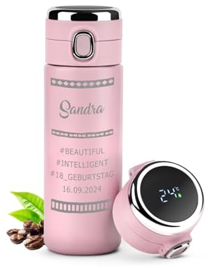 Maverton Thermobecher Kaffeebecher mit Gravur 400 ml, Trinkflasche Rosa | Trinkflasche Edelstahl, mit LED-Temperaturanzeige, auslaufsicher 100% dicht, für Frauen zum Geburtstag, rosa, Beautiful