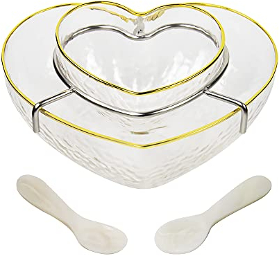 DUEBEL Plat à caviar en verre avec bord plaqué or en forme de cœur + 2 cuillères en nacre – Refroidisseur de caviar et crevettes pour bar, restaurant, restauration