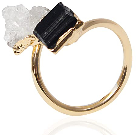 LODMLOER Kristall Schwarzer Turmalin Offener Ring - Goldener Unregelmäßiger Handgemachter Rohstein Fingerschmuck Verstellbarer Steinbesetzter Ring Für Party-Hochzeitsschmuck,1 Stück Zufällige Farbe,A
