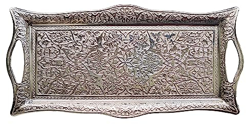 Metal Serving Tray with Raised Edges, Vintage Design Rectangular Platter, Decorative Ottoman Coffee Tea Beverage Tray (Silver)