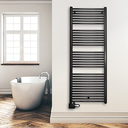 Badheizkörper Handtuchheizkörper mit Anschluss links oder rechts | Heizkörper mit versetztem Mittelanschluss (1732 x 600, Schwarz) (899 Watt nach EN442)