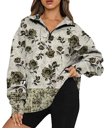Pull Femme Date Comfy Hiver Cintrée Sweat Col Rond Zip Motif Mode Boler Haut Madame Manche Longue Épaisse Armée Verte