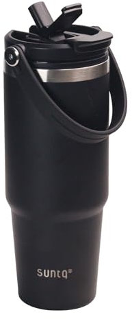 SUNTQ 850ml/30oz Tumbler mit Griff und Flip Stroh, Isolierte Edelstahlbecher mit auslaufsicherem 2-in-1-Deckel, wiederverwendbare doppelwandige Wasserflasche, Portable Kaffee-Reisebecher(Schwarz)