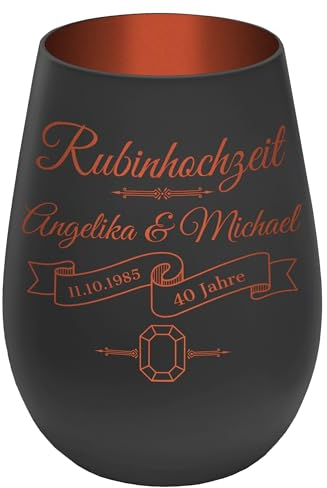 Windlicht mit Gravur ''40 Jahre Rubinhochzeit'' - Schwarz/Kupfer - Glas Teelichthalter personalisierbar mit Wunschtext - Geschenk zu Hochzeit Jahrestag Jubiläum