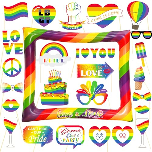 LMSHOWOWO 26 Stück Regenbogen Foto Requisiten, Love is Love Aufblasbarer Fotorahmen, LGBT Foto Booth Props, Gay Pride Fotobox Accessoires, Fotorequisiten für LGBT Gay Pride Party Deko