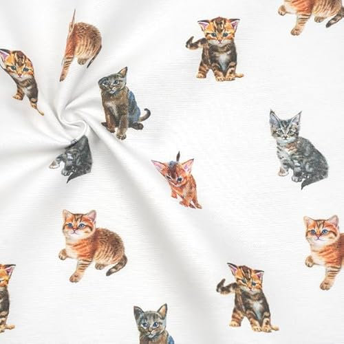 STOFFKONTOR Dekostoff Stoff Bedruckt Katzen Mix - Meterware, Farbe Weiss - zum Nähen von Tischwäsche, Kissen, Vorhängen, Dekoartikeln UVM.