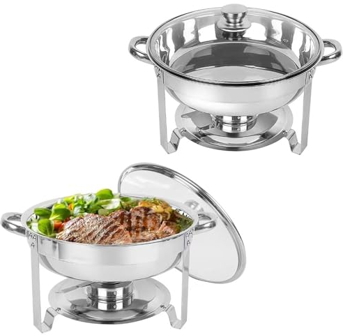 Edelstahl Chafing Dish Rund 4,5 Liter 2 Set Warmhaltebehälter Essen Wärmebehälter SuppenwärmerSuppentopf Chafing Dishes Set für Catering Buffet und Party