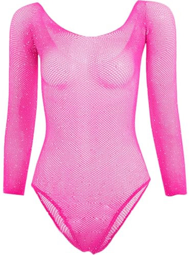 EIH Body de Red Ver A Través Sexy de Manga Larga con Pedrería, Lencería Mujer, Ropa Interior, Body para Fiesta con Elástico