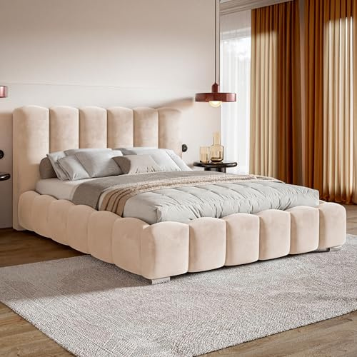 MOTIVENA Grand Bubble Bett 180x200 Beige Samt, mit Stauraum, mit Kopfteil, mit Lattenrost, mit Füßen, mit Matratze H3/H4, Bubble Polsterbett 180x200 mit Bettkasten Beige (Creme)