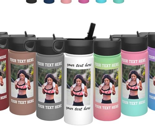 OMNRELM Gourde personnalisée avec photo et texte, 500ml bouteille isotherme personnalisable en acier inoxydable avec paille pour le sport, la gym et la randonnée, cadeau pour ami papa (Photo et Texte)