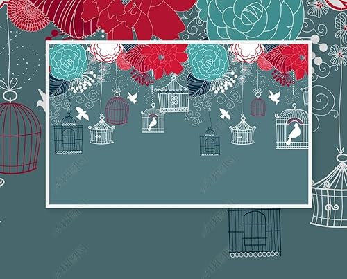 MZOwallpaper Papier Peint Intissé Cage À Oiseaux Florale Dessinée À La Main Poster Tableaux Muraux Tapisserie Photo Trompe L'Oeil Salon Chambre Art Mural 200Cm(L) X140Cm(H)