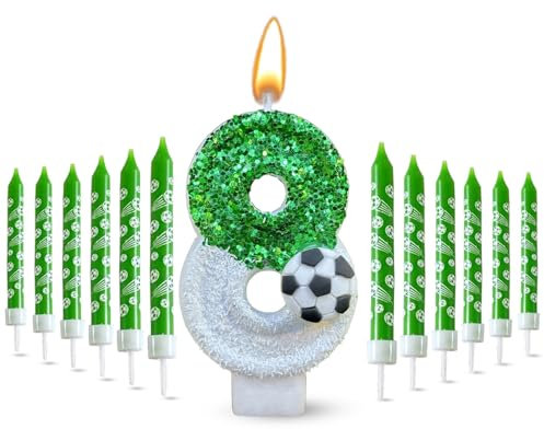 Glamifyr 13 STK Kerze 8 Geburtstag Junge, 3D Geburtstagskerzen Kinder Kerzen Geburtstag Fußball Geburtstagskerzen Zahlen 8. geburtstag Junge, Kuchen Topper Dekor Fußball Grüne für Geburtstagsdeko