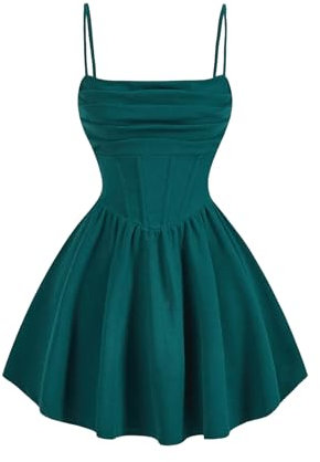 GORGLITTER Women's A Line Flowy Ruffle Mini Cocktail Dress Ruched Sleeveless Corset Dresses Dark Green Large