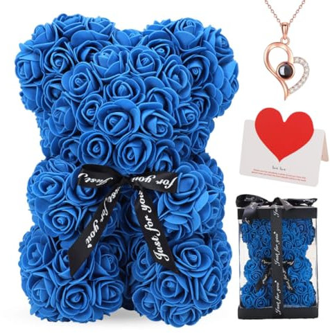 Rose Bear Gift, 10 Inch Artificial Flower Rose Teddy Bear with Gift Box, for Anniversary, Valentine's Day, Wedding, Birthday, Romantic Gift for Her (Royal)