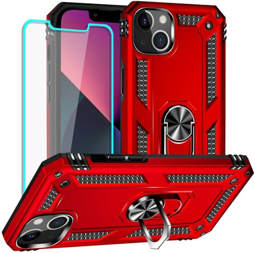 Yiakeng for iPhone 13 Case with Screen Protector: Military Grade Protective Cases with Ring for— iPhone 13 (Red)