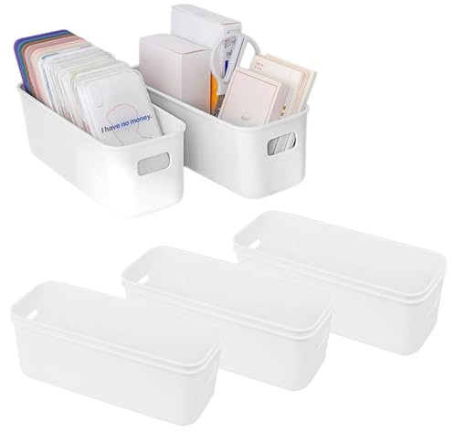 6 Pack Small Storage Baskets,Storage Boxes Rectangle with Handle,Storage Organiser for Bathroom, Kitchen, Shelves, Drawers, Playroom and Home - 26.7×9.5×9 cm,White