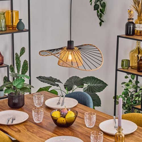 HOFSTEIN Hängeleuchte Elsa, Hängelampe aus Metall/Papiergeflecht in Schwarz/Naturfarben, moderne Pendelleuchte im Boho-Design, E27, Höhe max. 110 cm, Esszimmer, Wohnzimmer, Küche, Flur