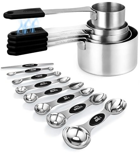 Magnetic Measuring Cups & Spoons Set, 5 Heavy Duty Cups,8 Double Sided Spoons with Leveler, Stainless Steel Fits in Spice Jars, Dishwasher Safe, Nesting Kitchen Gadgets for Cooking & Baking