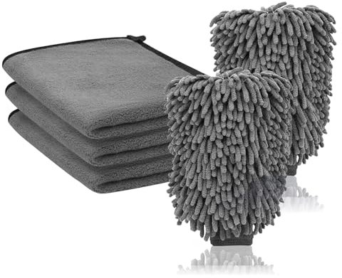Behiruch Kit Nettoyage Voiture 5 PCS - 3 Pack Chiffon Microfibre Voiture & 2 Pack Gant Lavage Voiture, Microfibre Sechage Voiture Extrêmement Absorbant et Doux pour Camping, Nettoyage Ménager
