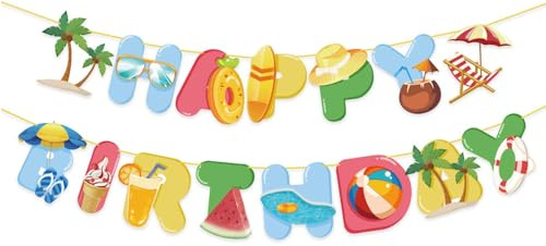 Hawaii Happy Birthday Banner, Beach Party Deko, Sommer Pool Party Deko Girlanden, Happy Birthday Girlande, Rettungsring Hut Tropical Geburtstag Girlande, Perfekt für Die Einer Sommerparty