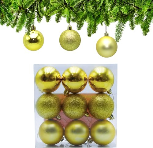 Xcdhemde 9tlg Weihnachtskugeln Gold ∅ 6cm, Christbaumkugeln Gold, Weihnachtsbaumschmuck Plastik, Christbaumschmuck mit Aufhängeband, Weihnachtsbaum Deko für Drinnen&Draußen (3 Matt/Glänzend/Glitzernd)