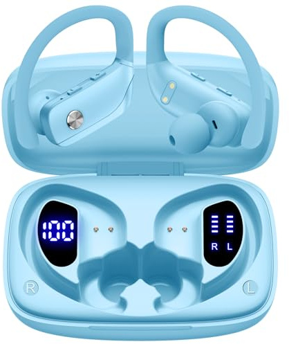 bmani Auriculares inalámbricos Bluetooth con pantalla LED de 80 horas de reproducción, gancho sobre la oreja con micrófono, sonido estéreo, controles de botón fáciles, auriculares deportivos para