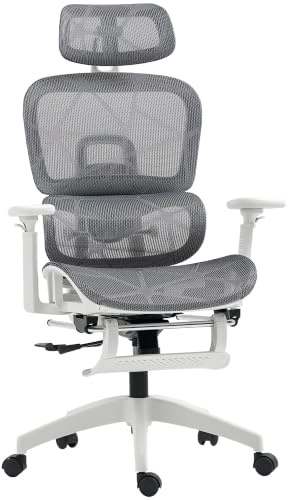HOMCOM Ergonomic Office Chair, Swivel Recliner, Headrest, Grey and White | Mesh High Back Computer Desk Chair, 4 Level Adjustable Back, Adjustable Lumbar Support, 3D Armrest, Footrest