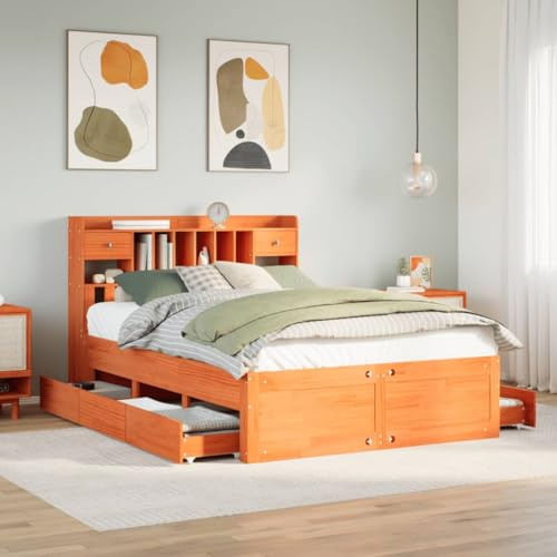 Teenpull Letto in legno massello, marrone cero, 160 x 200 cm, con testiera a scaffale, rete a doghe, spazio per camera da letto, senza materasso