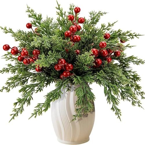 Xiyocadt 35 Kiefern- Und Zypressenzweige, Naturgetreuer Imitationseffekt, Begleitet Von 10 Roten Beeren, DIY-Dekoration, Geeignet Für Weihnachtskränze Und Blumenarrangements Zu Hause (A)