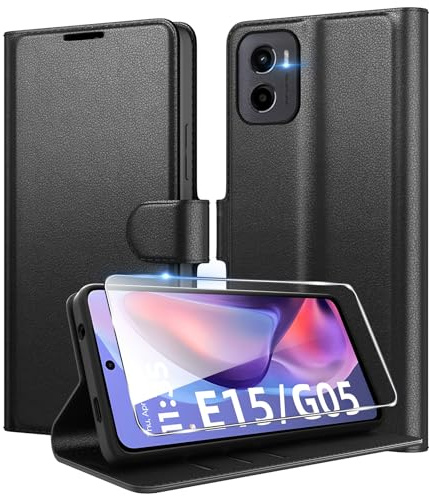 Eirltiy Handyhülle für Motorola Moto E15 / G05 Hülle Premium PU Leder, Wallet Kartenfach Standfunktion Schutzhülle Stoßfeste Klapphülle Flip Case mit 1 Stück Panzer Schutz Glas Schwarz