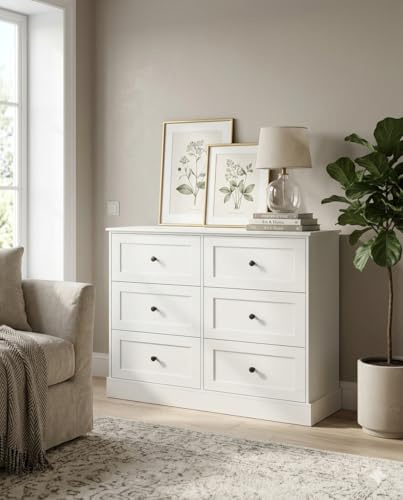Amveya Schlafzimmer Kommode Weiß 6 Schubladen, 108x40x75 cm Holz Sideboard Komodenschrank, Stauraumschrank für Wohnzimmer, Flur & Wohnzimmer Schlafzimmer