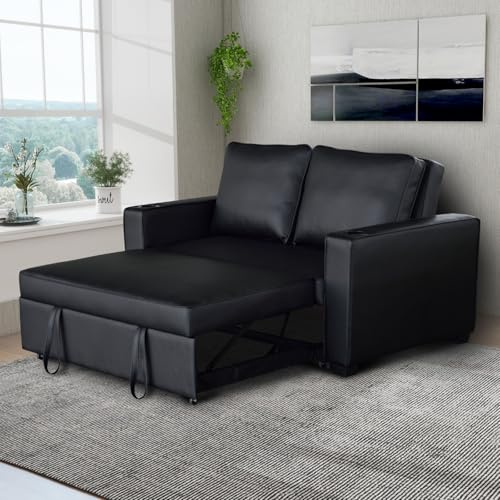 mymai 3-in-1 Schlaferstuhl, umwandelbares Sesselbett, Schlaferstuhl mit Bettfunktion, verstellbares Sofa Bett mit Kissen und Getränkehalter, Sessel mit Schlaffunktion für kleine Wohnung (Schwarz)