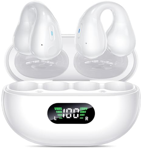 Open Ear Bone Conduction Headphones,Comfort-Clip On Wireless Earbuds Bluetooth 5.3, Sports Ear Buds with ENC Mic, 36 Hours HlFl Earpods with LED Display Charging Case,lPX7 Running Earphones, White