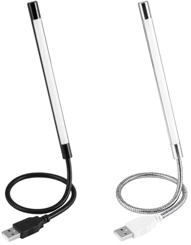 LEVMEK Pack 2 Lámparas USB LED para Portátil y Teclado, Luz Lectura Regulable con Interruptor Táctil, Cuello de Cisne 360° Aluminio, 10 LED Blanco Frío, Negro+Plata