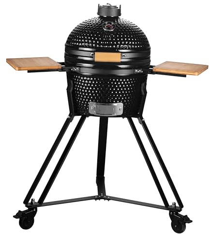 16 Ceramic Kamado Charcoal BBQ Egg With Stand, Collapsible Wooden Shelves, Thermometer Built-in (Black)