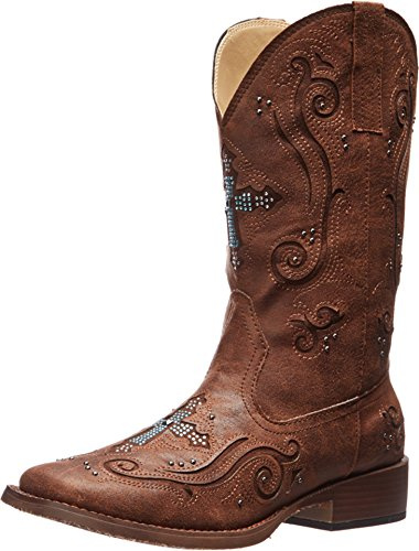 ROPER Womens Faith Rhinestone Square Toe Casual Boots Mid Calf Low Heel 1-2 - Brown - Size 8.5 B