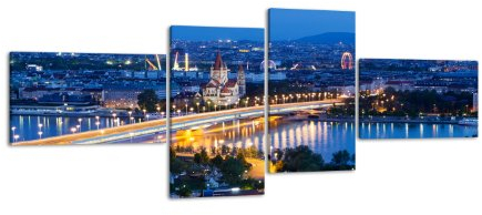 Leinwandbild Wien bei Nacht LW220 Wandbild, Bild auf Leinwand, 4 Teile, 100x45cm, Kunstdruck Canvas, XXL Bilder, Keilrahmenbild, fertig aufgespannt, Bild, Holzrahmen, Östereich, Wien, Prater,