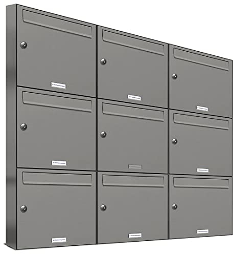 AL Briefkastensysteme 9er Briefkastenanlage Aluminiumgrau RAL 9007, Premium Briefkasten DIN A4, 9 Fach Postkasten modern Aufputz