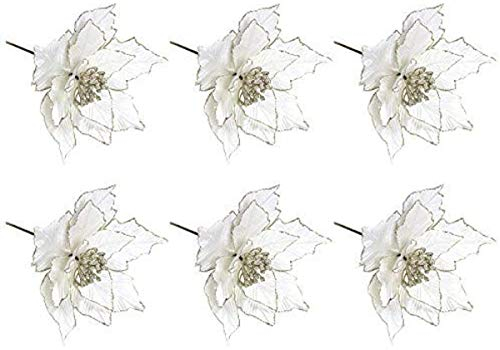 Lamf Glitzer-Weihnachtsstern, 24,1 cm, Christbaumschmuck, roter Weihnachtsstern-Busch, künstliche Weihnachtsblumen, Kränze, Hochzeits-Ornamente, 6 Stück weiß