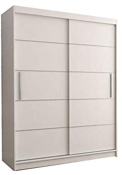E-MEUBLES Kleiderschrank Schwebetürenschrank 2-türig Schrank mit vielen Einlegeböden und Kleiderstange Schiebetürenschrank Gaderobe Schiebtüren BxHxT 150x200x61 - Lara 06 (Weiß)