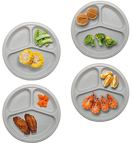 Gesunde Teller für Erwachsene Portionskontroll-Teller Gewichtsverlust geteilte Kunststoff-Teller Geschirr-Set Kinder mikrowellengeeignet Apartment Essentials Wohnheimzimmer - 4 Stück (grau)