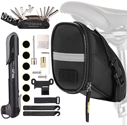 Fahrrad Satteltasche Reparatur Set und Werkzeuge - Unterwegs Fahhradtasche und Notfallwerkzeug Flickzeug mit 16-in-1 Fahrrad Multitools, Fahrradpumpe, Reifenheber, Leimfreie Reifen,Fahrradventil