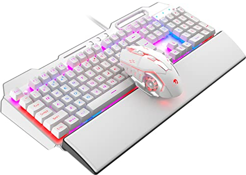 Gaming Keyboard and Mouse Set & Detachable Wrist Rest Wired 16 LED RGB LED Backlit USB Keyboard with Gray Alloy Panel+ 3200DPI LED Breathing Backlit Mouse+Ergonomic Hand Rest for PC Gamers, Xbox, PS4